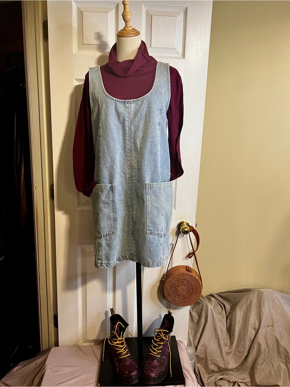 New Free Market Wms Light Blue Cotton Denim Apron Jumper Pinafore Mini Dress S